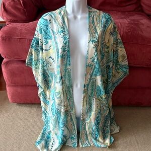 Chicos Colorful Open Front Kimono Cover Up Top Size L/XL Chiffon Turquoise Artsy